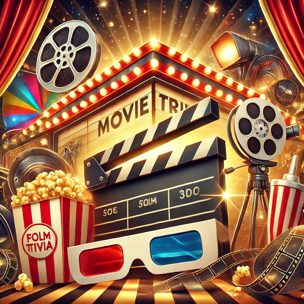 A vibrant and engaging cover image for a website article about movie trivia. The scene features iconic elements of cinema such as a clapperboard, film.webp